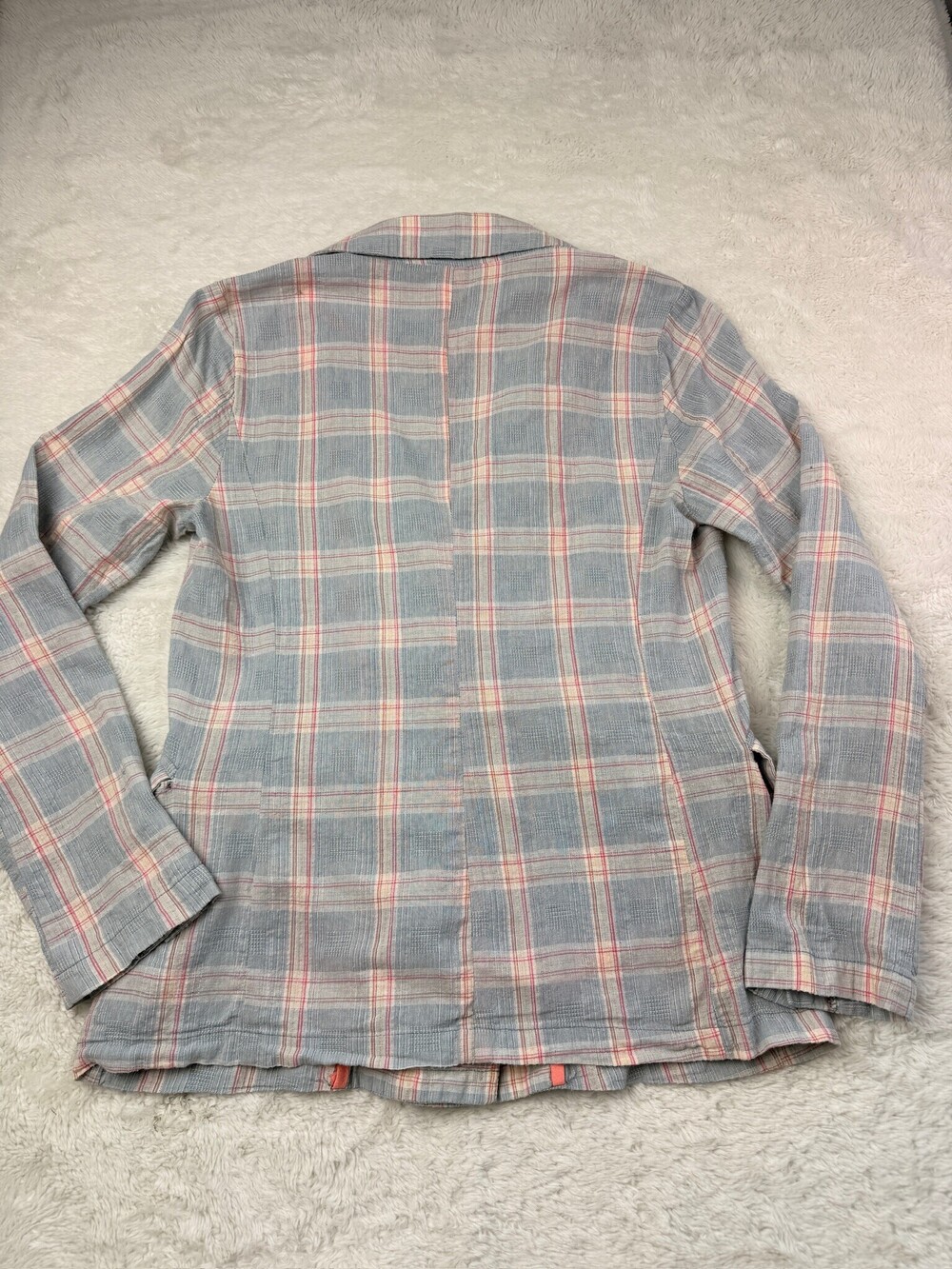 Hem & Thread Women’s Small Blue Plaid Double-Breasted Blazer Coral Trim - Picture 6 of 7